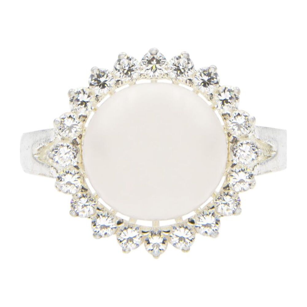 Sterling Silver Cultured Pearl Cubic Zirconia Halo Set Ring, Size 9